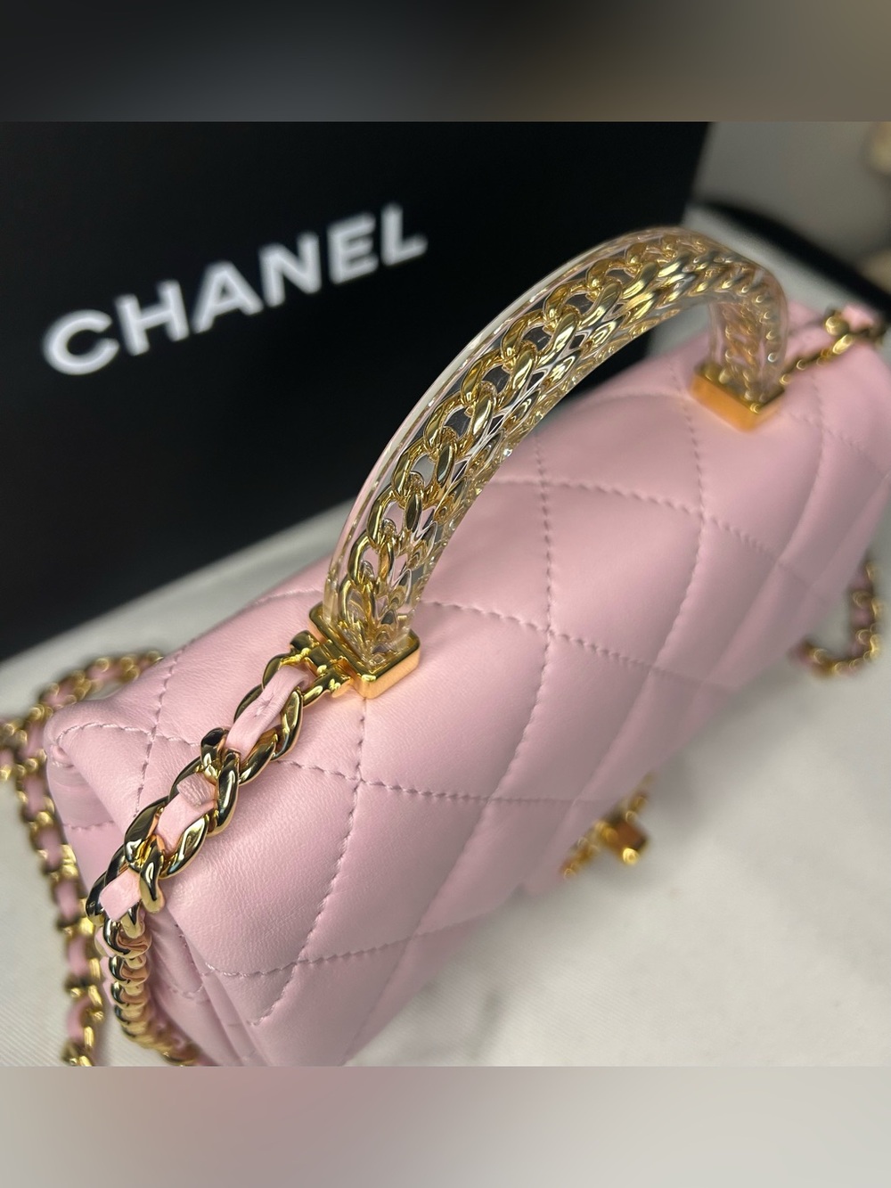 NEW! CHANEL 24S Mini Top Handle Flap Bag Quilted Lambskin Rose Light Pink - Picture 9 of 16